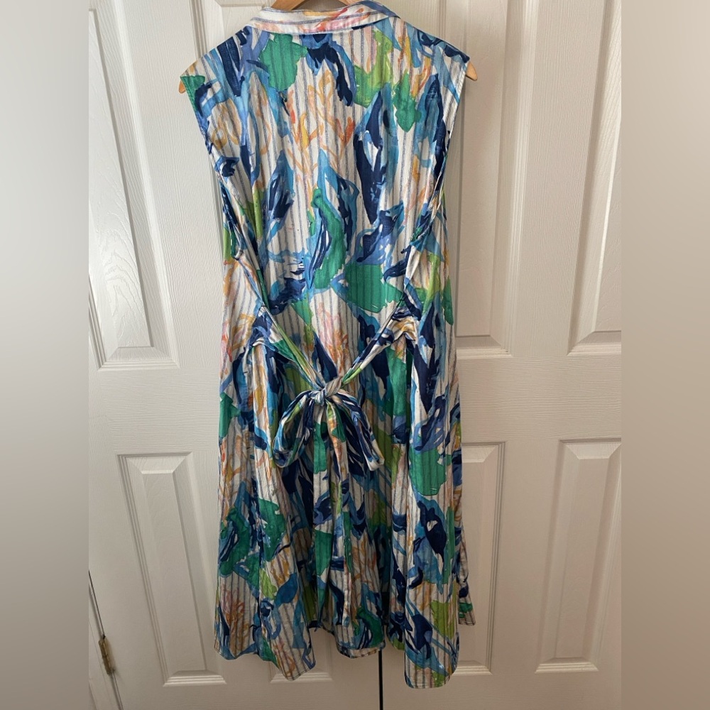 NIC+ZOE Green and Blue Scribble Vines Floral Sleeveless Midi Shirt Dress SZ 2X - Picture 4 of 11